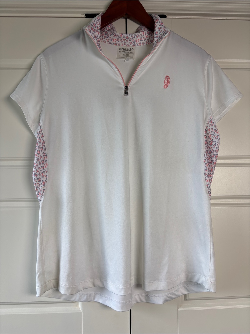 Ahead White Short Sleeve Golf Zip Polo with Pink Accent